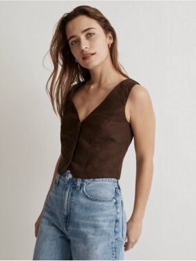 Madewell Katrina Brown V-Neck Linen Button Vest, 00, NWOT